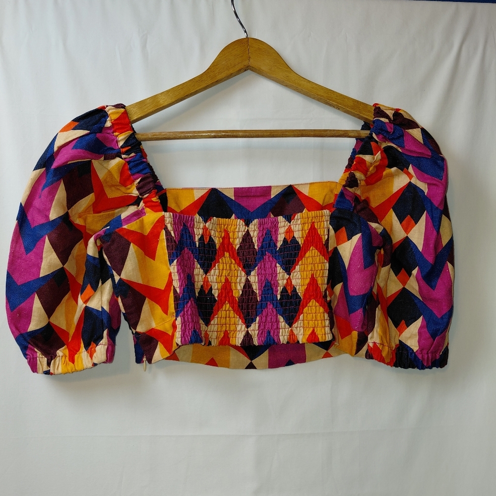 FARM Rio Multicolor Geometric Puff Sleeve Crop Top - Yellow, Pink, Blue, Red - Picture 4 of 6